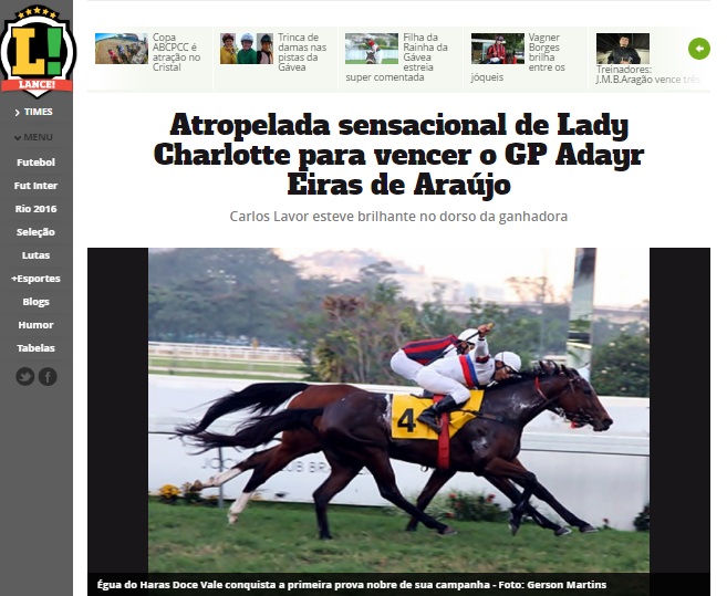 Atropelada sensacional de Lady Charlotte para vencer o GP Adayr Eiras de Araujo