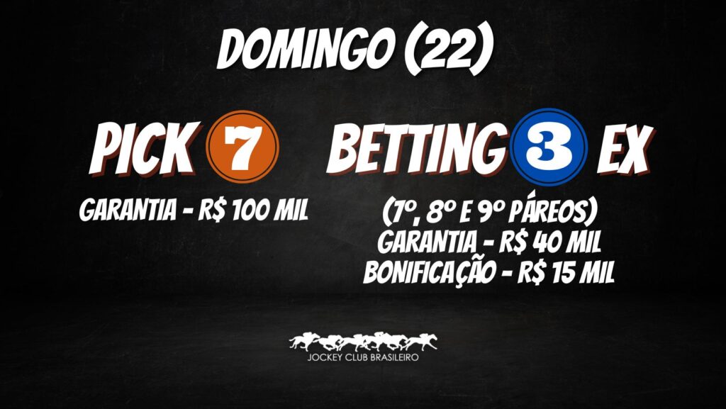 DOMINGO (22): Pick 7 c/ Garantia de R$ 100 mil; e Betting 3 EX c/ Bonificação de R$ 15 mil e Garantia de R$ 40 mil